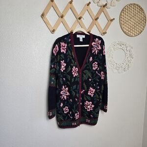 DBL Vintage Floral Knit V-Neck Cardigan In Navy Women's Size Medium